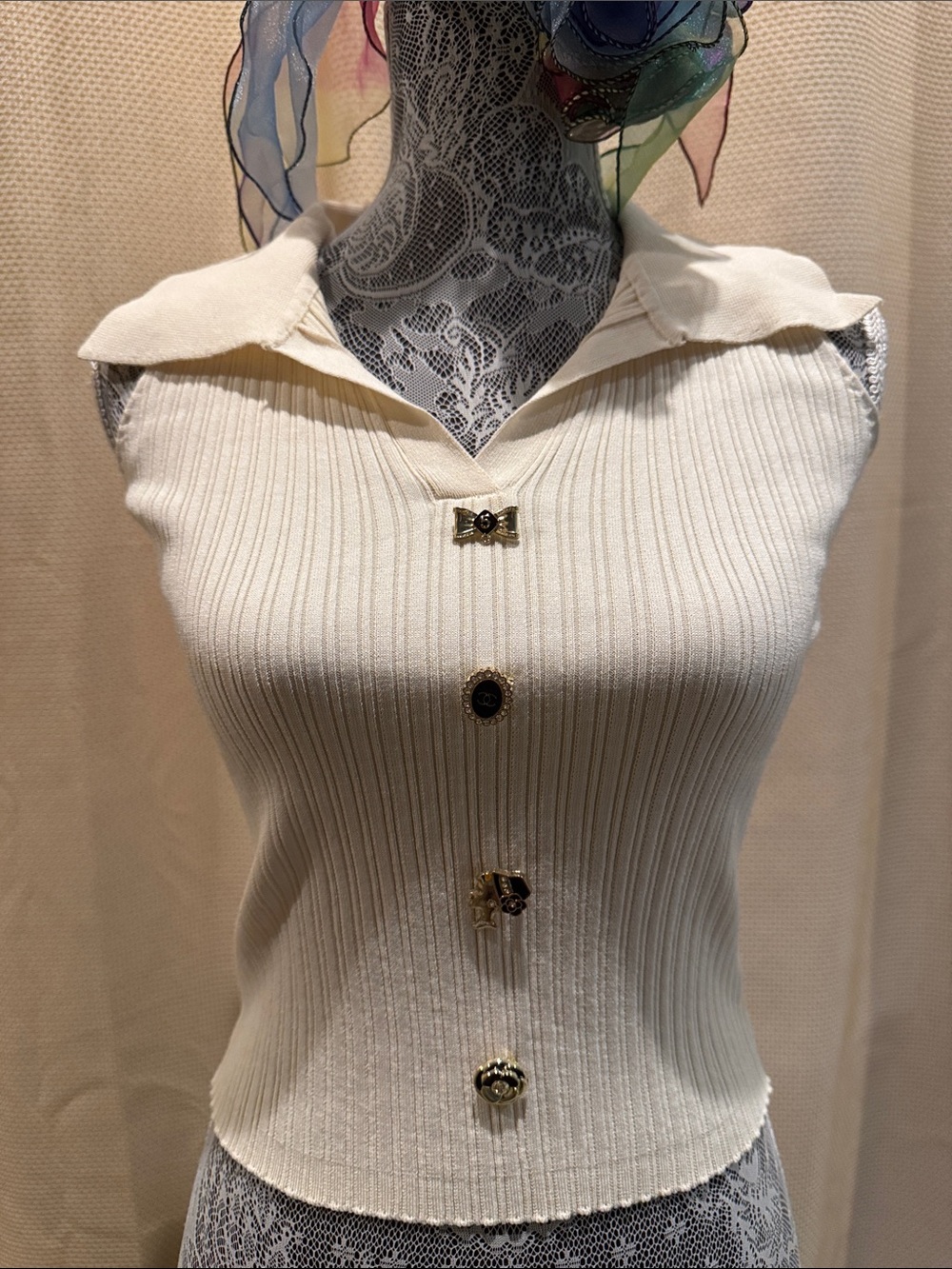 Chanel Knit Cream/Off White Color Sweater Removable Buttons